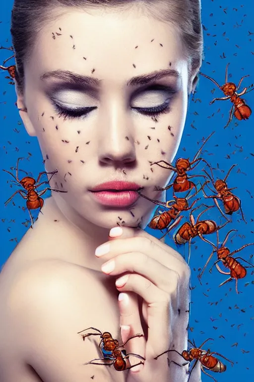 Image similar to a photo of a pretty woman with many ants on her face. movie poster. detailed. artistic. pretty