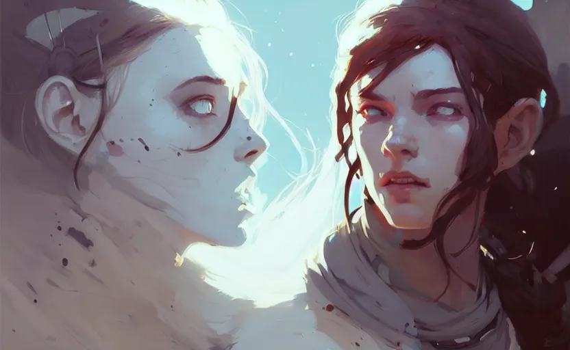 Image similar to portrait of female druid by atey ghailan, by greg rutkowski, by greg tocchini, by james gilleard, by joe fenton, by kaethe butcher, digital art, trending on artstation, highly detailed, concept art, dynamic lighting, gradient light blue, brown, blonde cream and white color scheme, grunge aesthetic