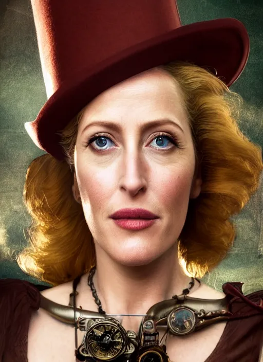 Prompt: closeup portrait of a steampunk gillian anderson wearing a top hat and goggles, depth of field, zeiss lens, detailed, symmetrical, centered, fashion photoshoot, by Annie Leibovitz and Steve McCurry, David Lazar, Jimmy Nelsson, Breathtaking, 8k resolution, extremely detailed, beautiful, establishing shot, artistic, hyperrealistic, beautiful face, octane render