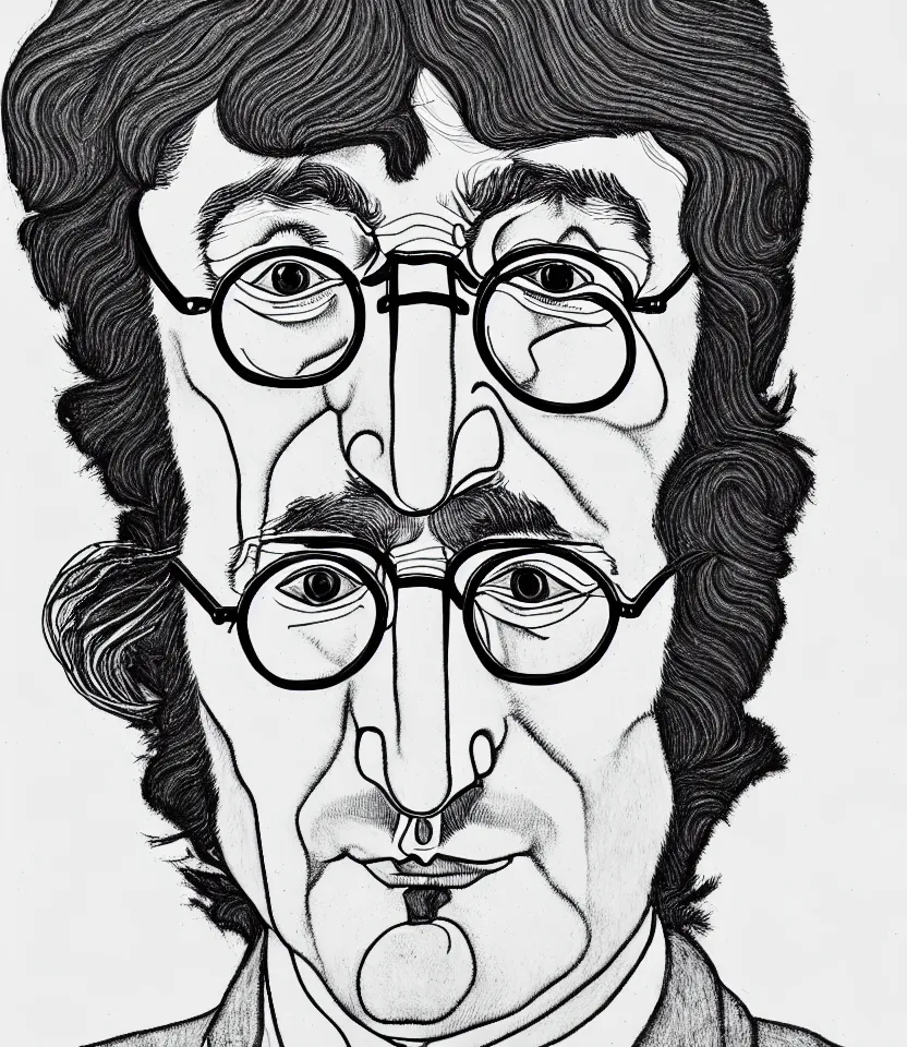 Image similar to detailed line art portrait of john lennon, inspired by egon schiele. caricatural, minimalist, bold contour lines, musicality, soft twirls curls and curves, confident personality, raw emotion