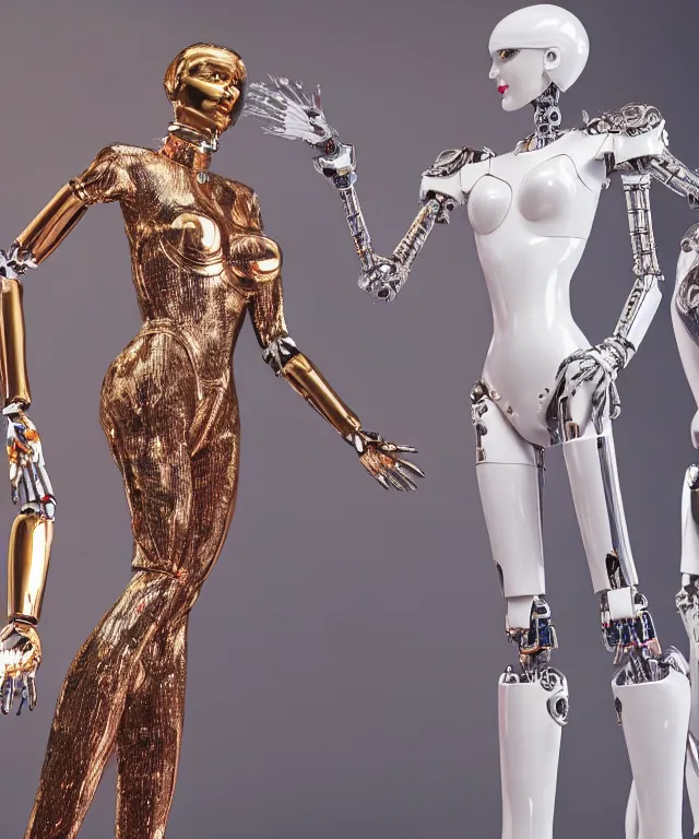 Prompt: a white victoria's secret model is standing besides a liquid metal humanoid robot and robot is touching model's face, robot's head is transformed into exact copy of model's head, realistic, 4 k