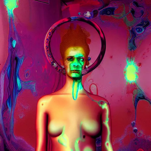 Prompt: a digital painting of a technomancer woman attached by love in a living room of a house. surrounded by synthesized ai djinn hologram, an ultrafine detailed painting by alberto seveso, a silk screen by julian schnabel, featured on deviantart, modern european ink painting, photoillustration, impressionism, biomorphic, behance hd, lovecraftian