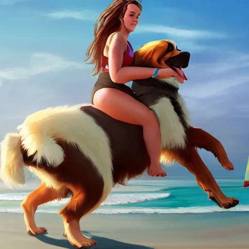 Image similar to girl riding a giant saint Bernard at the beach catching a frisbee, trending on artstation