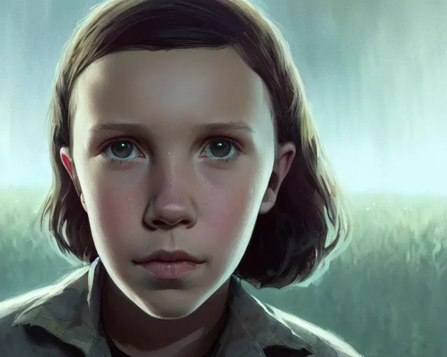 Image similar to highly detailed portrait of millie bobby brown, in the walking dead, stephen bliss, unreal engine, fantasy art by greg rutkowski, loish, rhads, ferdinand knab, makoto shinkai and lois van baarle, ilya kuvshinov, rossdraws, tom bagshaw, global illumination, radiant light, detailed and intricate environment