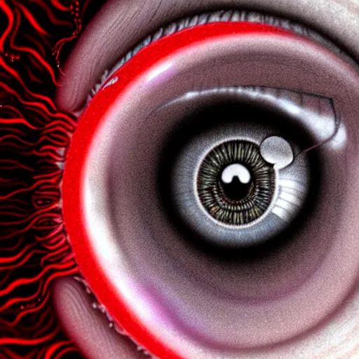 Image similar to a detailed extremely close up of inside the iris, cornea, red image, microscopic, extremely close up drawing by junji ito, cgsociety, generative art, lovecraftian, parallax, cosmic horror, extremely detailed, hyperrealism, unreal engine, octane render, award winning, masterpiece, highly detailed, realistic, 4 k, digital