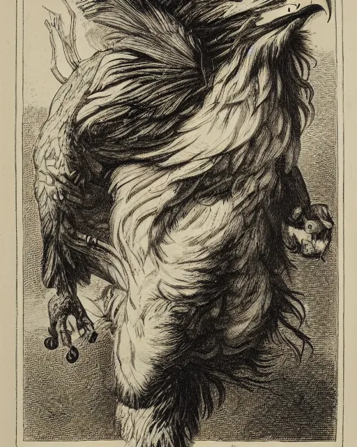 Image similar to a creature with the body and eyes of a man, with the beak of an eagle, the mane of a lion, and the horns of an ox. drawn by francis bacon