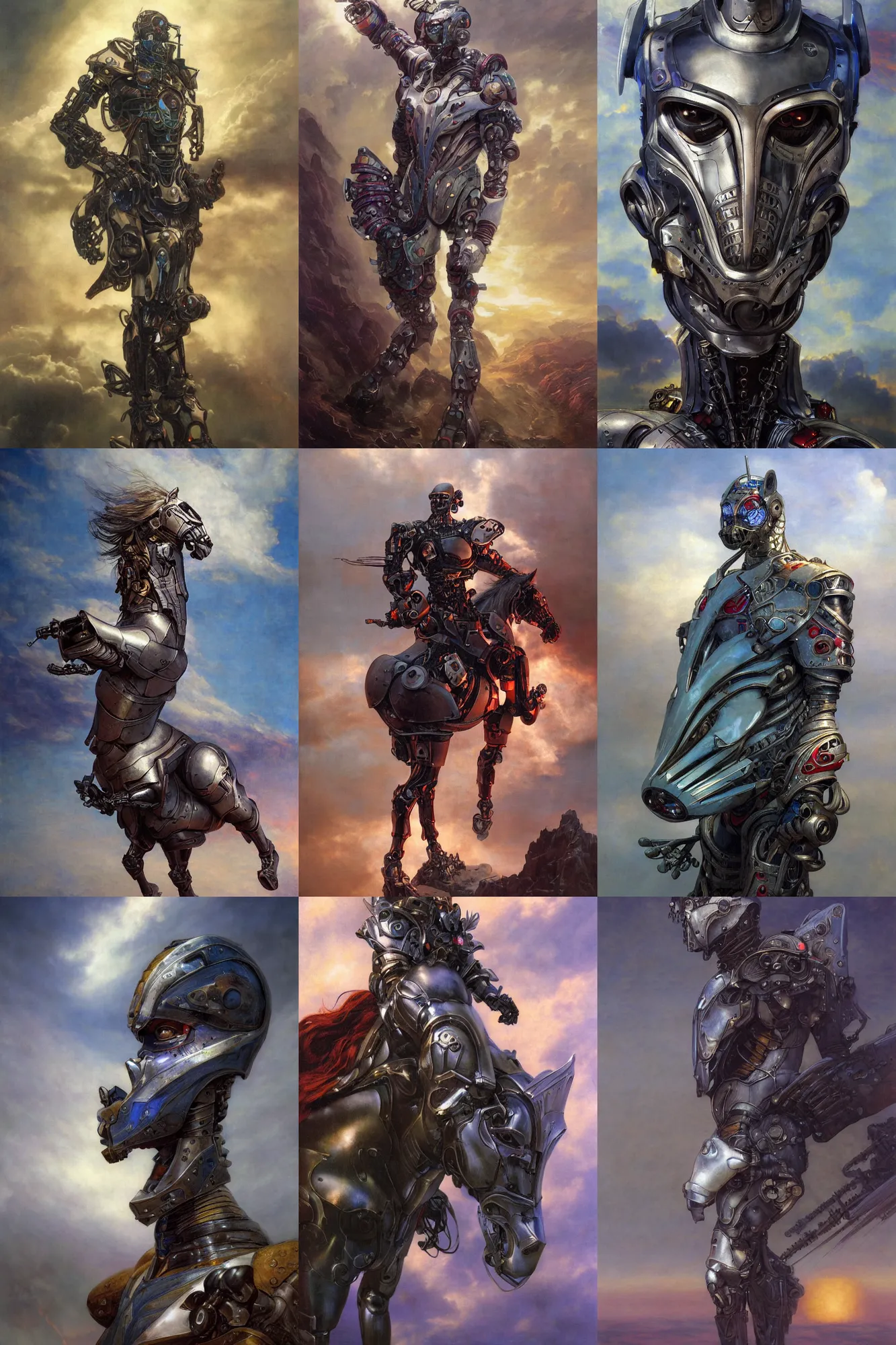 Prompt: portrait of epic anthropomorphic horse cyborg neon armor, in clouds, cinematic studio light, windy, sunrise, by gerald brom, by mikhail vrubel, by peter elson, muted colors, extreme detail, trending on artstation