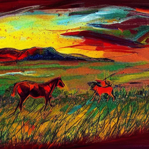 Prompt: A painting of a beautiful prairie landscape at sunset with a lone rancher riding a horse near one hundred running cattle, in the style of Jackson Pollock, americana, vibrant colors