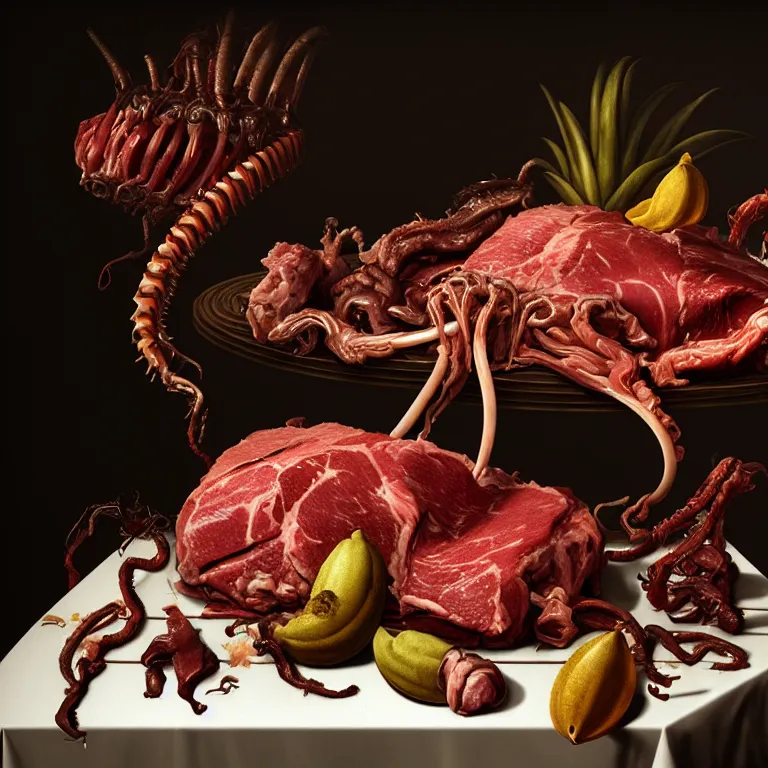 Image similar to still life of rotten meat, xenomorph, beautiful tropical flowers, human spine, tropical fruit baroque painting, beautiful detailed intricate insanely detailed octane render, 8K artistic photography, photorealistic, chiaroscuro, Raphael, Caravaggio