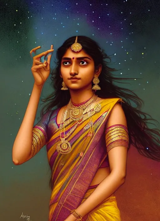 Prompt: a young indian lady wearing a sari watching a meteor shower, wet, shiny, fantasy, intricate, elegant, hyper detailed, ultra definition, photoreal, artstation, unreal engine rendered, concept art, smooth, sharp focus, illustration, art by artgerm and greg rutkowski and alphonse mucha and garis edelweiss