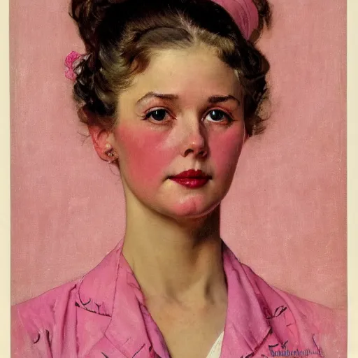 Prompt: frontal portrait of a woman wearing pink and white, by norman rockwell