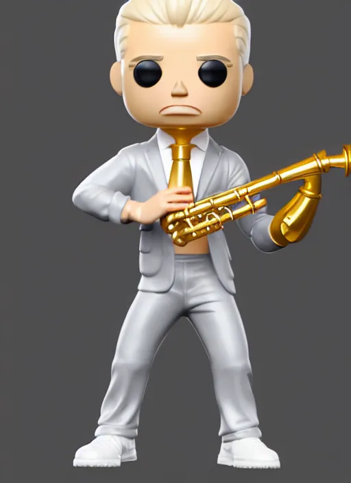 Image similar to full body 3d render of blond futuristic man playing sax as a funko pop!, studio lighting, grey background, single body, no shadow, blender, trending on artstation, 8k, highly detailed