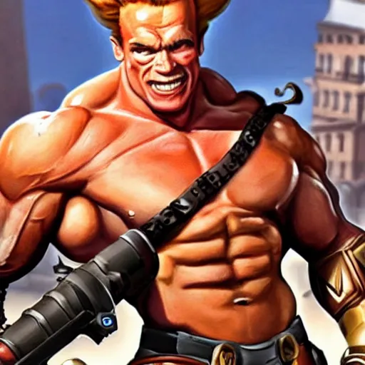 Image similar to a screenshot of arnold schwarzenegger as junkrat in overwatch