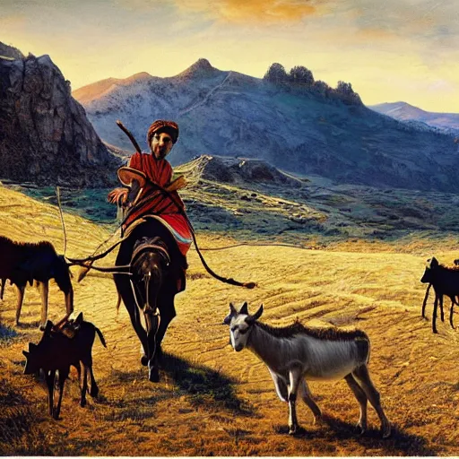 Image similar to a young boy kurdish shephard riding a donkey herding cows in the kurdish mountains art by martin ansin, highly detailed, 8 k, high resolution, award winning art, incredibly intricate