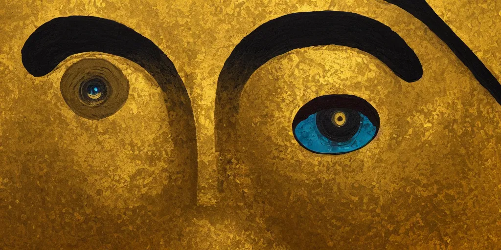 Image similar to a painting of giant buddahs eyes floating in the desert in gold color palette