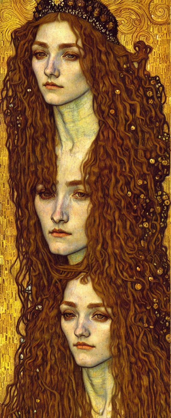 Image similar to detailed realistic beautiful young medieval queen face portrait by jean delville, gustav klimt and vincent van gogh, art nouveau, symbolist, visionary, gothic, pre - raphaelite, muted earthy colors, desaturated