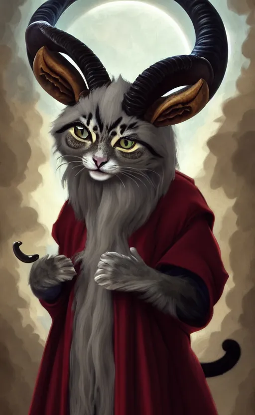 Prompt: a bipedal cat that has 2 goat horns, anthropomorphic cat that is wearing robes, matte oil painting, by michelangelo, d & d, fantasy, concept art, cosmic, magical, fog, noble, full body portrait, intricate, ornate, extremely detailed, cult, ritual, sharp focus, 4 k, 8 k