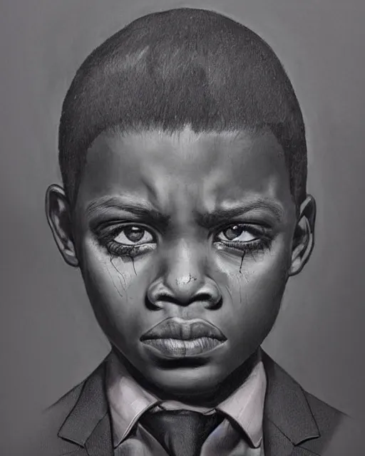 Prompt: portrait of a 7 year old child gang leader, dark, gritty, wearing a suit, criminal, very detailed eyes, hyperrealistic, beautiful, very detailed painting by Glenn Fabry, by Joao Ruas, by Artgerm