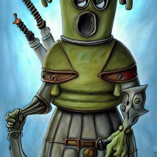 Prompt: squidward as a dark souls boss by Geoffrey Gersten