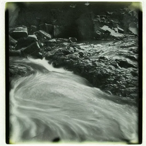 Prompt: a deep dark hole in the ground with rushing water at the bottom, creepy, eerie, unsettling, terrifying, jagged rocks, dark, old polaroid, expired film,