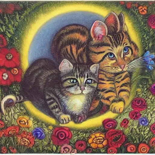 Image similar to a mouse and a cat, fantasy art, louis wain