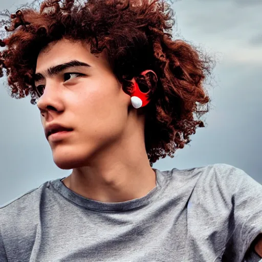 Image similar to red teenager with curly blonde hair red t shirt airpods attractive, high - quality photo realistic highly detailed high - quality 8 k