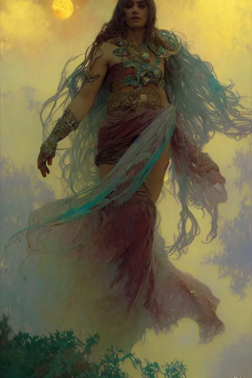 Image similar to pearlescent turquoise moon sorcerer, character design, painting by gaston bussiere, craig mullins, greg rutkowski, alphonse mucha