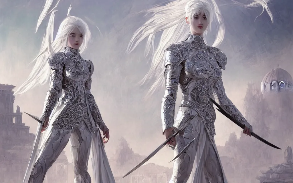 Image similar to white hair knights of zodiac girl, sliver ice color reflected armor, kung fu fighting and kickboxing in ruined agora of athens sunrise, ssci - fi and fantasy, intricate and very very beautiful and elegant, highly detailed, digital painting, artstation, concept art, smooth and sharp focus, illustration, art by tian zi and wlop and alphonse mucha