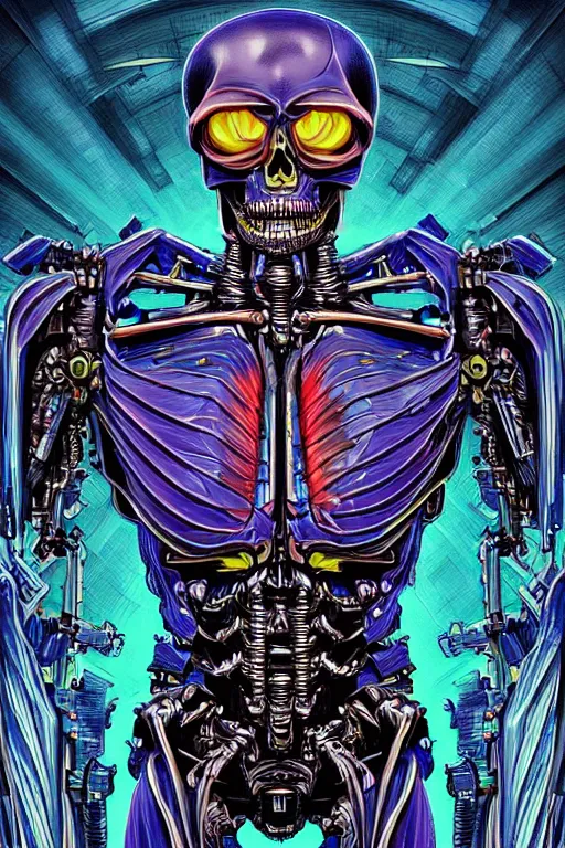 Image similar to comic art of a fluorescent ultra-detailed portrait art of mecha skeleton, by dan mumford and Junji Ito,, zx spectrum color palette, anatomy, only two hands, highly detailed, digital painting, artstation, concept art, smooth, sharp focus, illustration, Unreal Engine 5, 8K, art by art by artgerm and greg rutkowski and edgar maxence