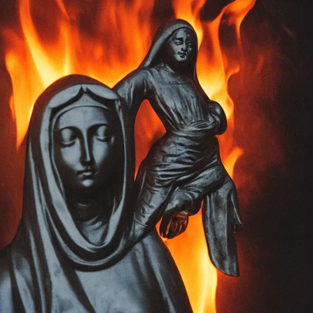 Image similar to statue of mother mary, black and burned and on fire, ultramax photograph