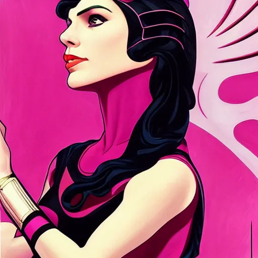 Image similar to a streamline moderne painting of gal gadot as the pink power ranger in the style of charlie bowater, and in the style of alphonse mucha. symmetry, smooth, sharp focus, semi - realism, intricate detail.