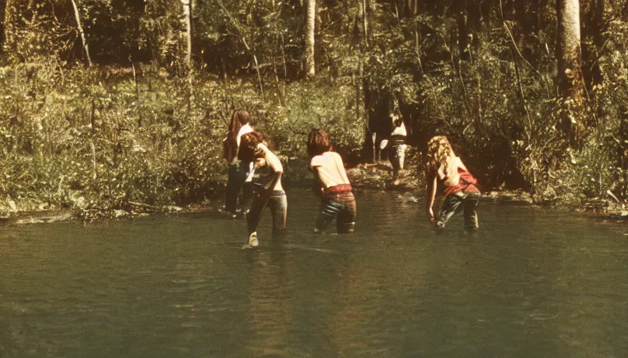 Image similar to 7 0 s film still from a horror movie about teenagers yelling near a river, kodachrome, cinecolor, cinestill, film grain, film texture, retro, cinematic, high resolution, photorealism,