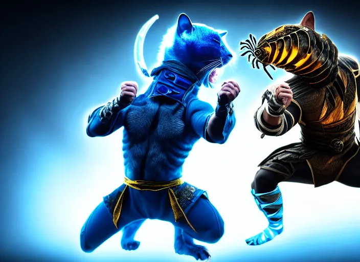 Image similar to hamster dressed as sub zero fights a cat dressed as scorpion in mortal kombat on the background of a laughing shao khan. fantasy magic style. highly detailed 8 k. intricate. lifelike. soft light. sony a 7 r iv 5 5 mm. unreal engine with nanite and path tracing