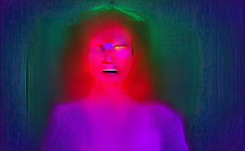 Image similar to vhs glitch art portrat of a woman hidden underneath a sheet, static colorful noise glitch