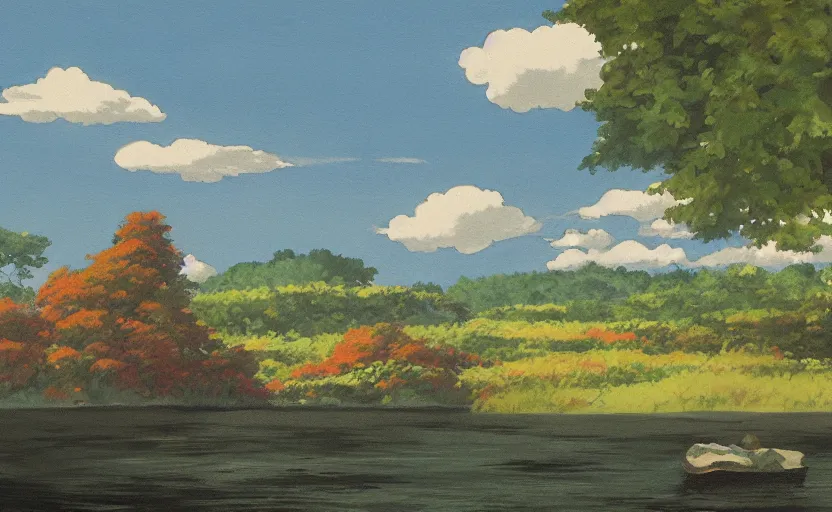 Image similar to a beautiful landscape painted by the best painters of the hudson river's school in the style of studio ghibli