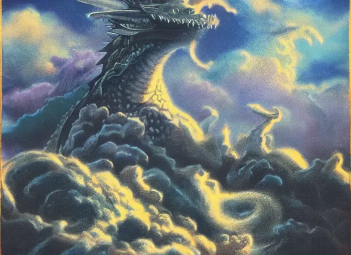 Image similar to a bumpy speckled matte painting pleasing - palette roaring dragon, close - up, pleasing palette, made out of idyllic nebulous clouds sophisticated detailed pastel dragon from scenery fantasia ( 1 9 4 1 )