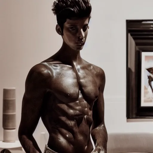 Image similar to a realistic detailed photo of a guy who is an attractive humanoid who is half robot and half humanoid, who is a male android, singer sebastian yatra, shiny skin, posing like a statue, blank stare, in a living room, on display, showing off his muscles