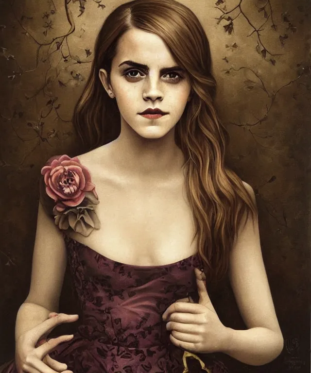 Prompt: portrait of Emma Watson, lowbrow painting by Mark Ryden