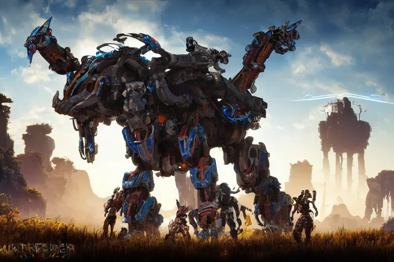 Image similar to thunderjaw machine mecha animal beast robot of horizon forbidden west horizon zero dawn bioluminiscence global illumination ray tracing hdr fanart arstation by sung choi and eric pfeiffer and gabriel garza and casper konefal