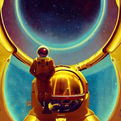 Image similar to astronaut sitting on the golden chair in galaxy, digital painting by dean cornwall, rhads, john berkey, tom whalen, alex grey, alphonse mucha, donoto giancola,