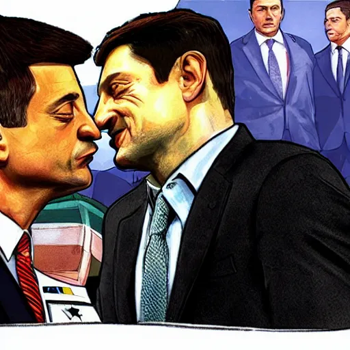 Prompt: Vladimir Putin kissing Zelensky in gta art style