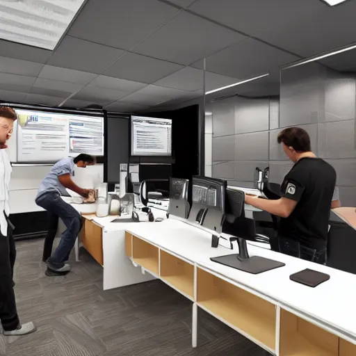 Prompt: an IT team working on their office with tons of coffee, realistic photo, highly detailed, 8k, award winner.