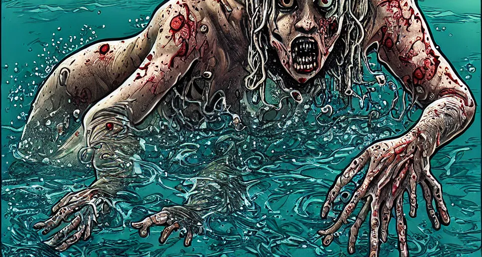 Image similar to highly detailed full body portrait of a zombie swimming underwater in a zombie - apocalypse, in a swimming pool, style tony moore walking dead