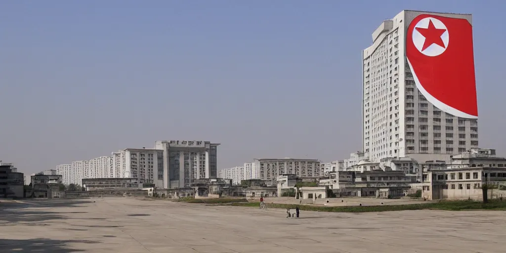 Prompt: North Korean architecture, large space, sunny day