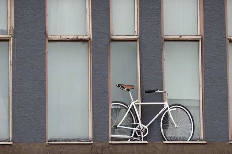 Image similar to seeing my reflection in the window as I look out to another building and bicycles and cars