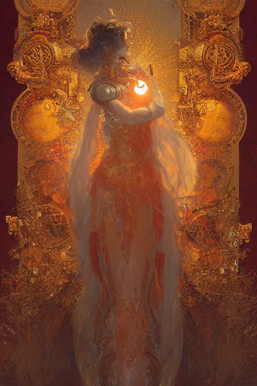 Prompt: tarot card artstation, portrait of a robot love dancer, sunrise, baroque ornament and rococo ornament, ancient chinese ornate, hyperdetailed, beautiful lighting, craig mullins, mucha, klimt, yoshitaka amano, red and gold and orange color palette