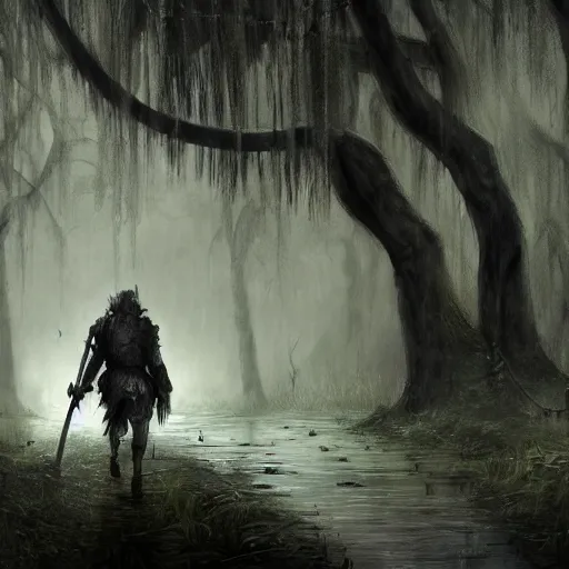 Prompt: concept art of a ragged looking knight walking through a swamp, foggy, weeping trees, torch in hand, high detail, trending on artstation, masterpiece, fantasy, high resolution, focus