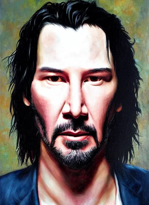 Prompt: highly realistic portrait of Keanu Reeves, by Marc Ryden and Simon Bisley