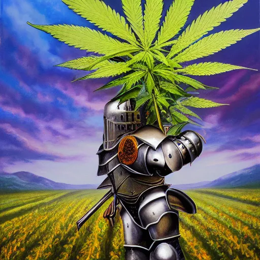 Prompt: a highly detailey oil painting of a full armored knight in a cannabis field. brush strokes. 4 k. colorful. photoshop. trending on artstation