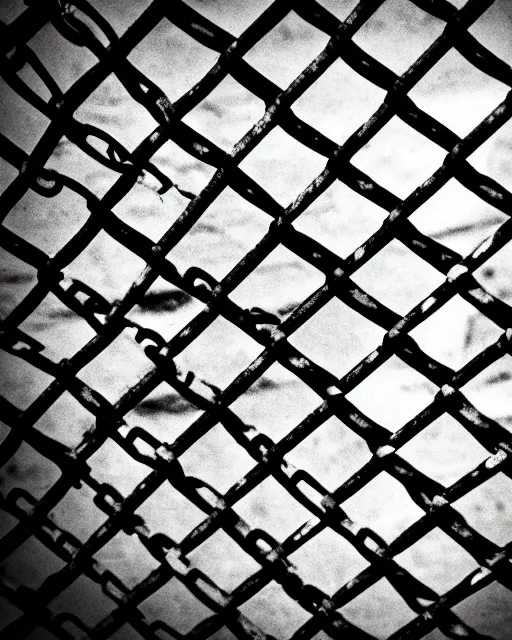 Image similar to black and white dramatic gritty pen art of a face shape in a chain link fence